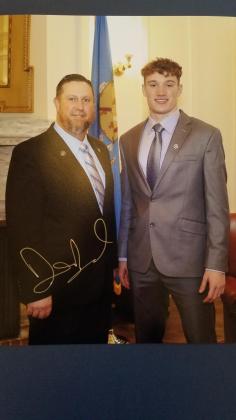Marshall Ludrick, with Senator David Bullock, served as an Oklahoma State Senate Page for Bullard during the Oklahoma State Senate’s first session of the 58th Legislature” during Spring Break, March 15 through 19, 2021. (Courtesy photo)